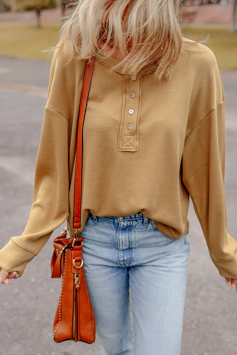 Textured Knit Half Button Oversized Top