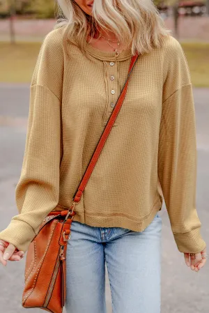 Textured Knit Half Button Oversized Top