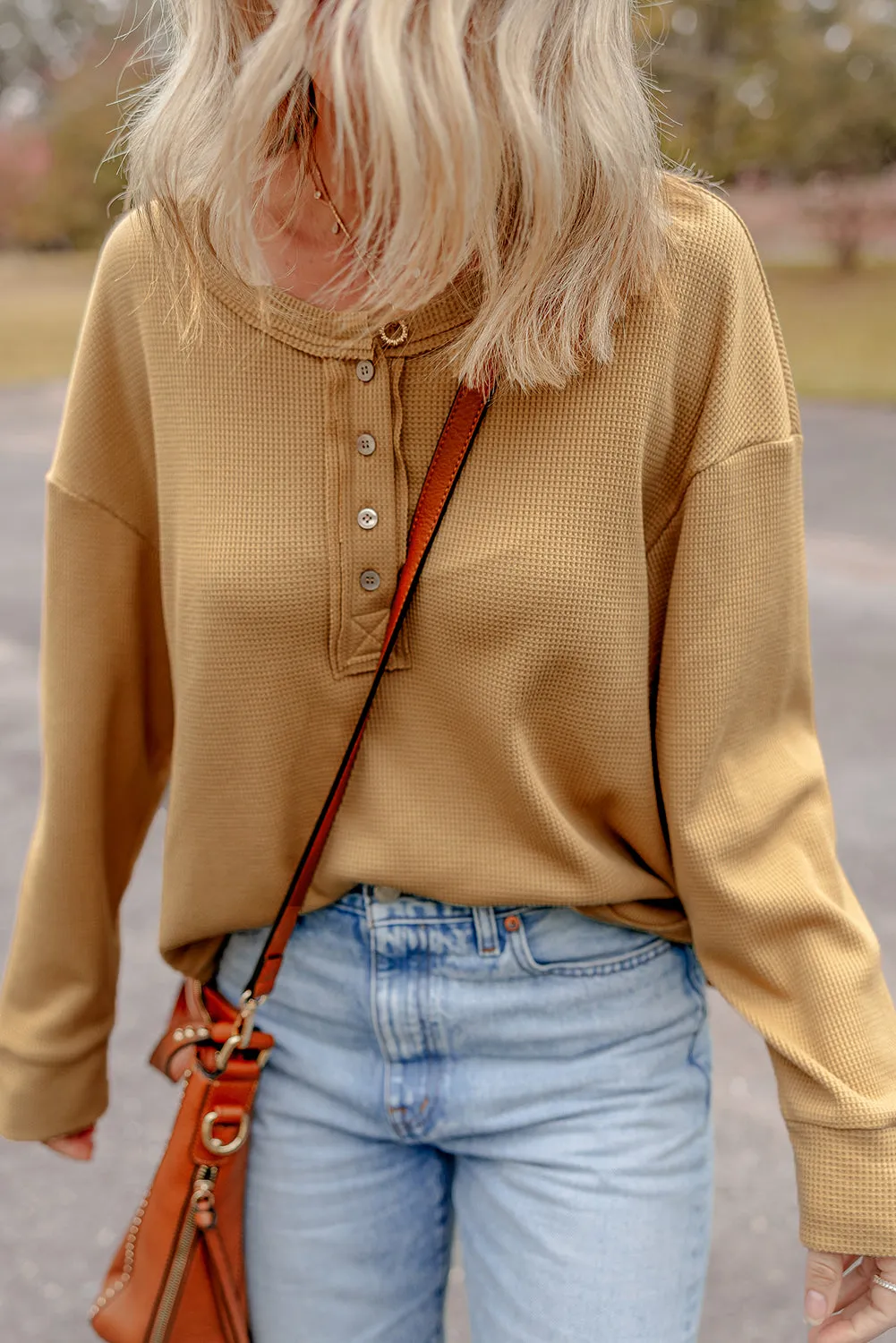 Textured Knit Half Button Oversized Top