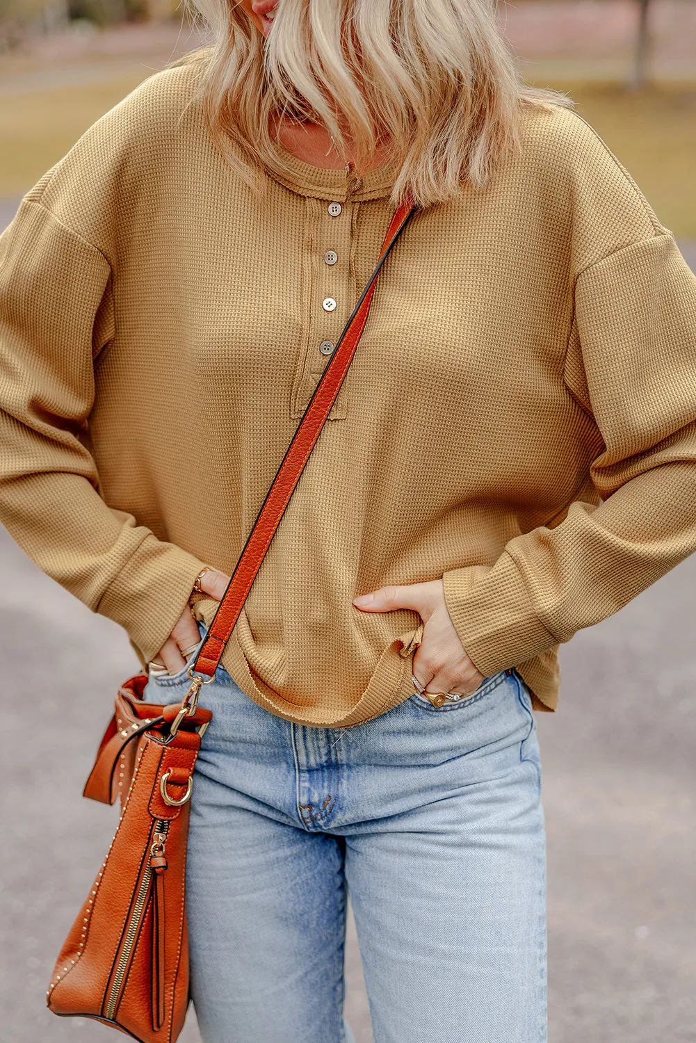 Textured Knit Half Button Oversized Top