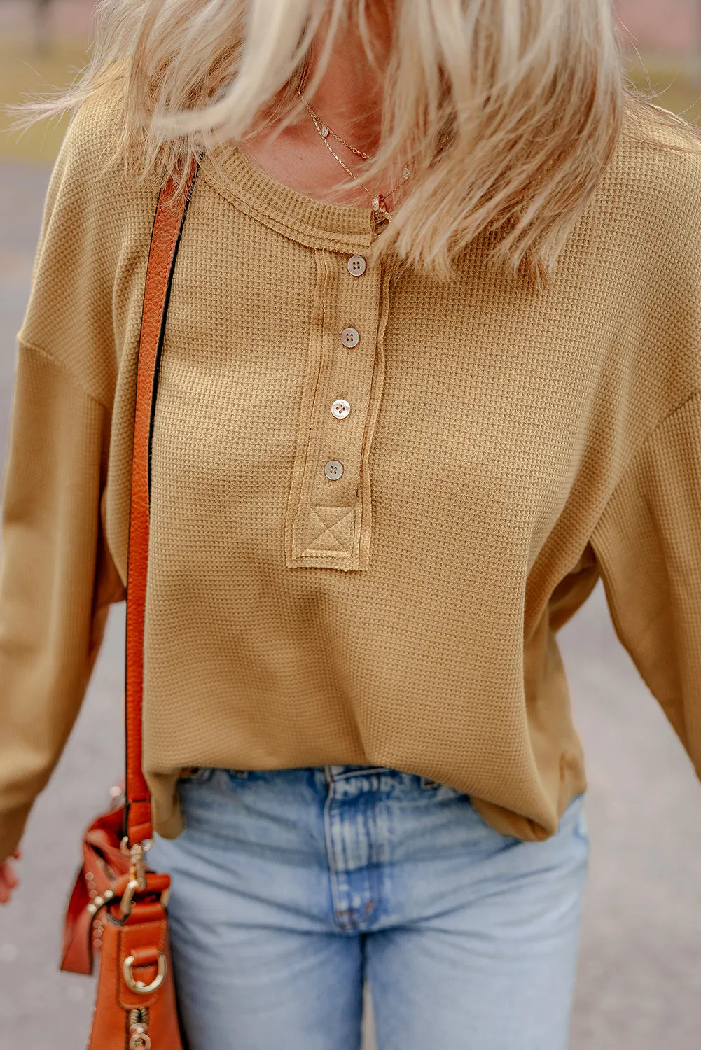 Textured Knit Half Button Oversized Top