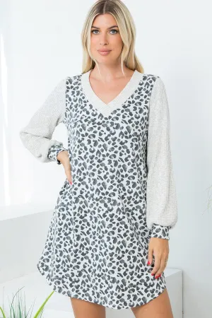 Textured Long Sleeve Animal Printed Dress