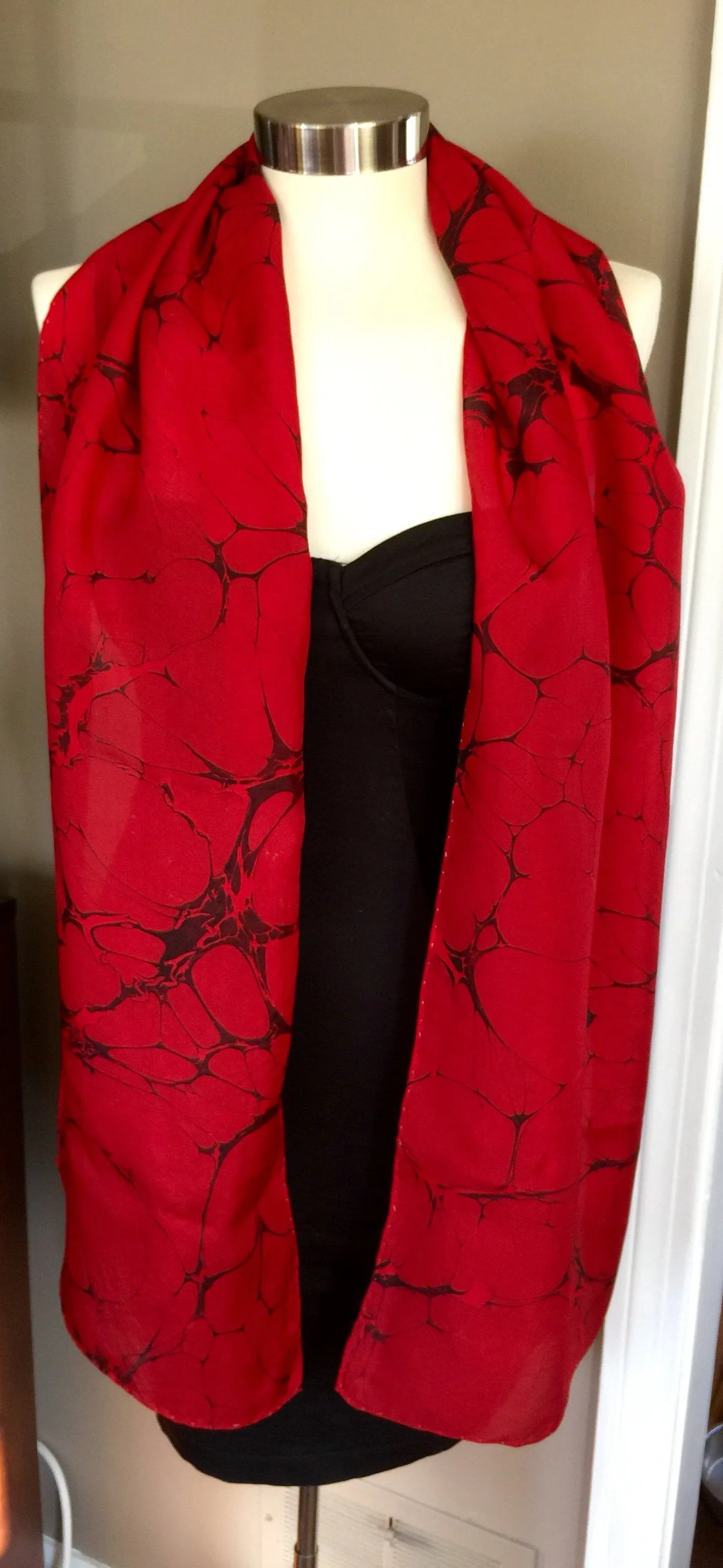 Tokyo  Red & Black Italian Vein, a Classic !  14"x72" Habotai silk, complete with scarf tying guide and picture postcard