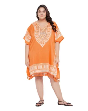 Top For Plus Size Women Tribal Printed Orange Polyester Tunic
