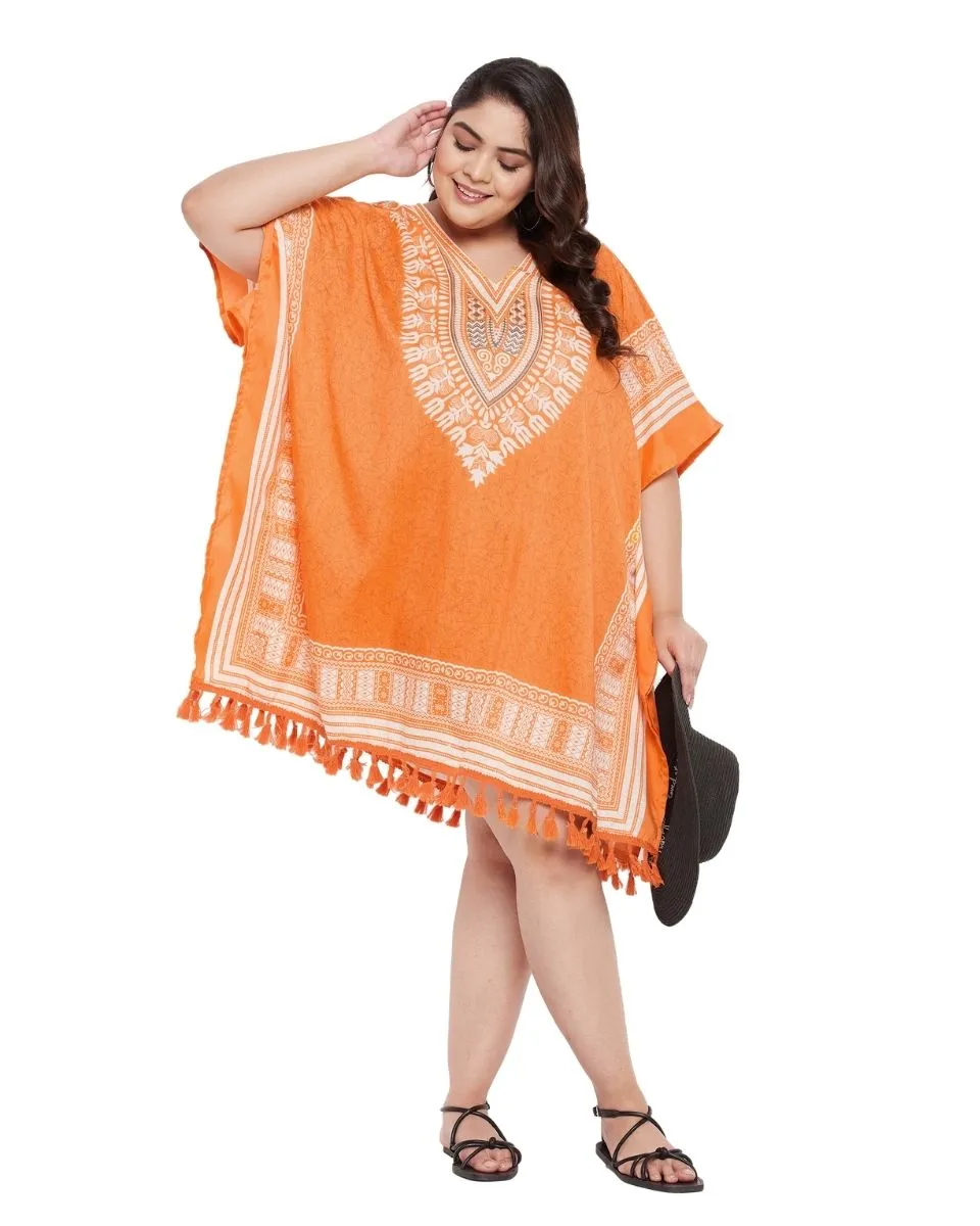 Top For Plus Size Women Tribal Printed Orange Polyester Tunic