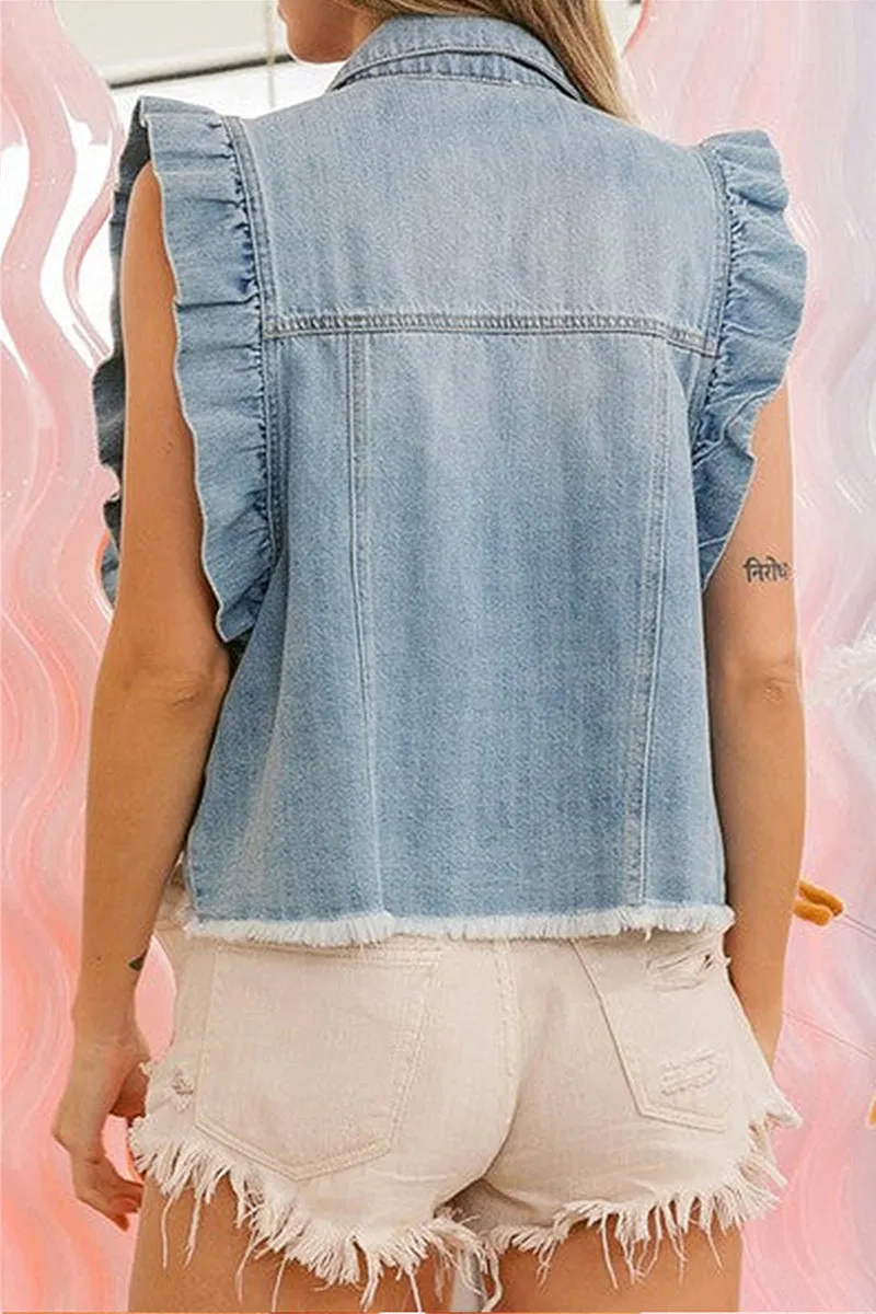 TT3179 Ruffle Sleeveless Denim Shirt Outerwear