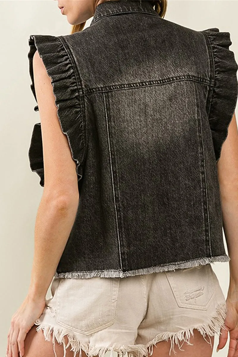TT3179 Ruffle Sleeveless Denim Shirt Outerwear