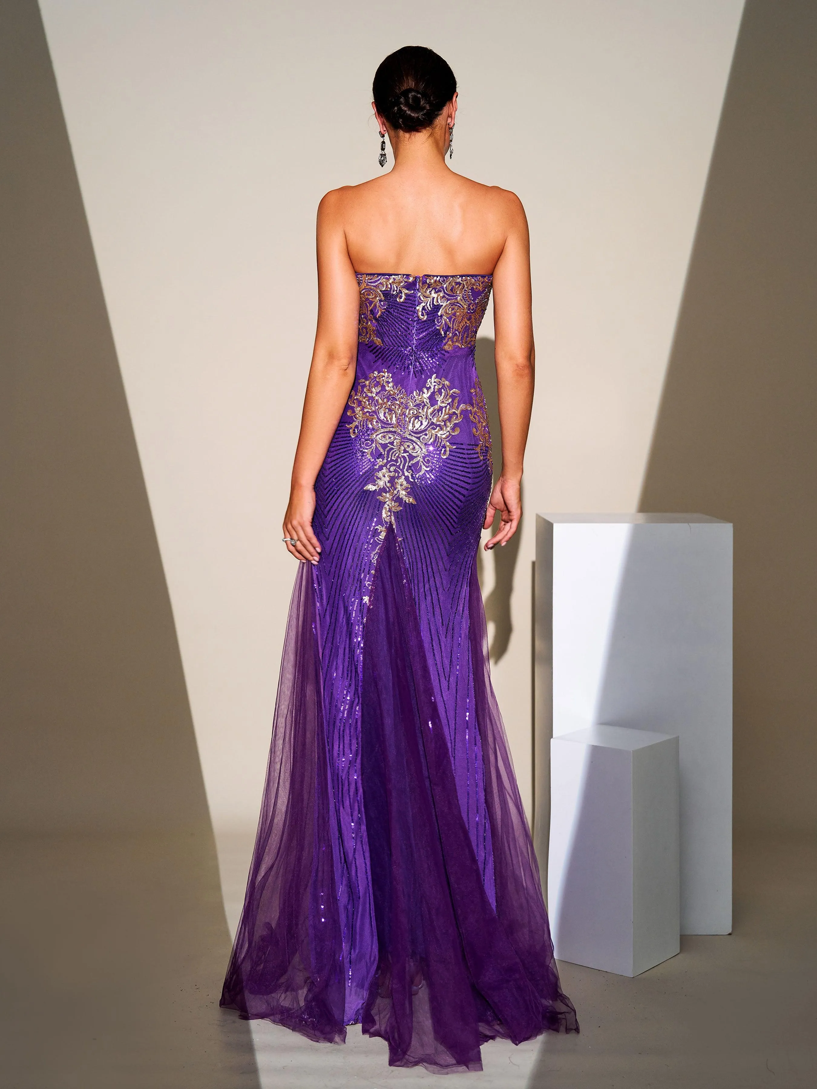 Tube Top Sequin Panel Tulle Formal Dress RJ10887