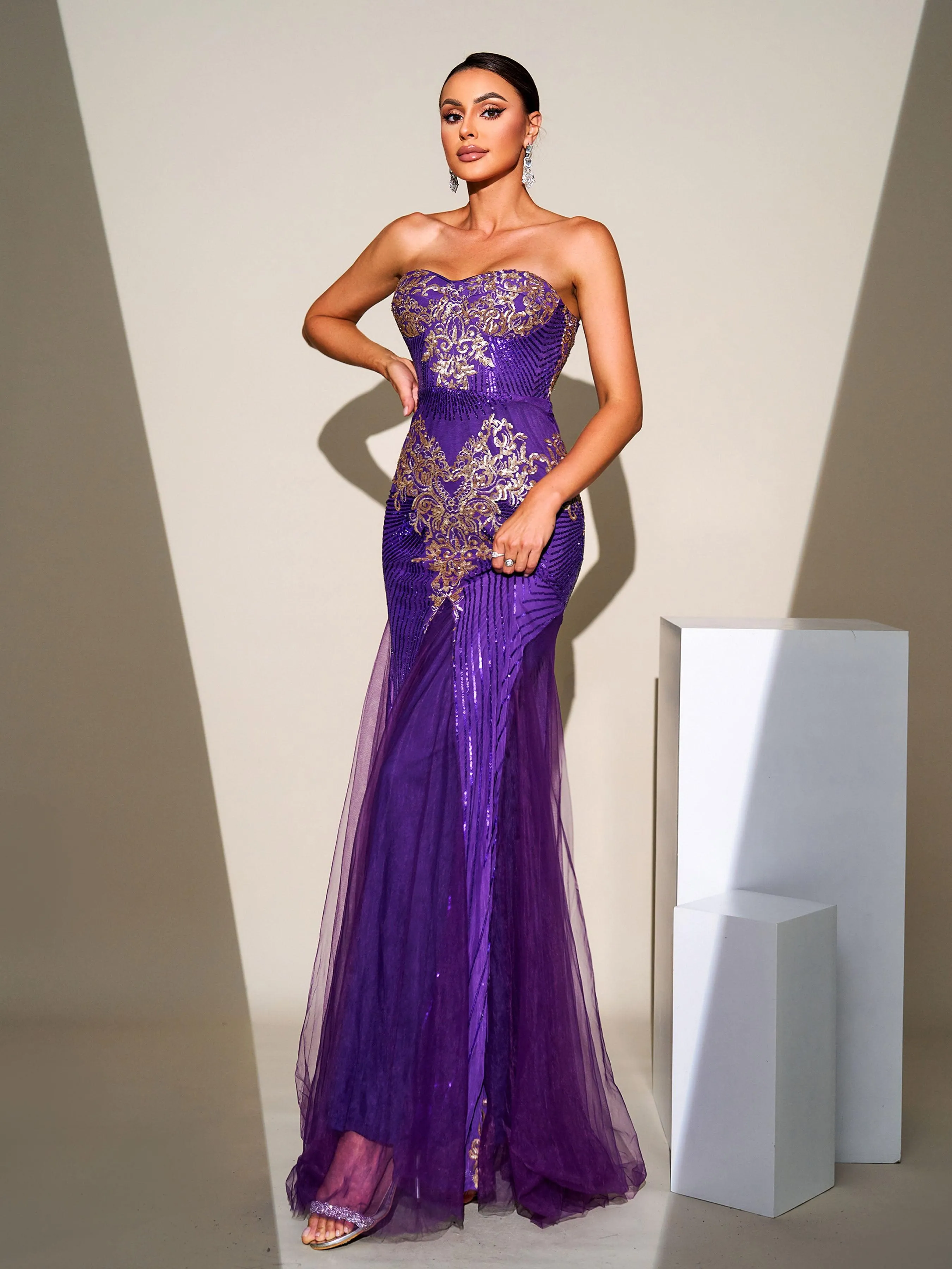 Tube Top Sequin Panel Tulle Formal Dress RJ10887