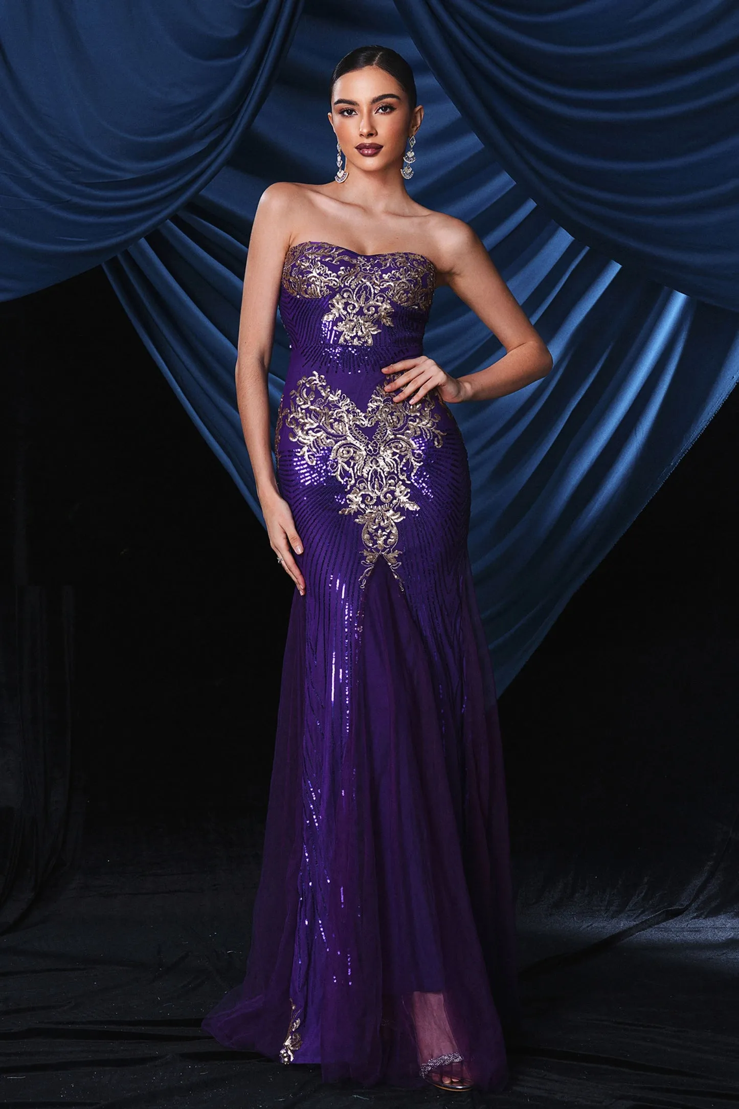 Tube Top Sequin Panel Tulle Formal Dress