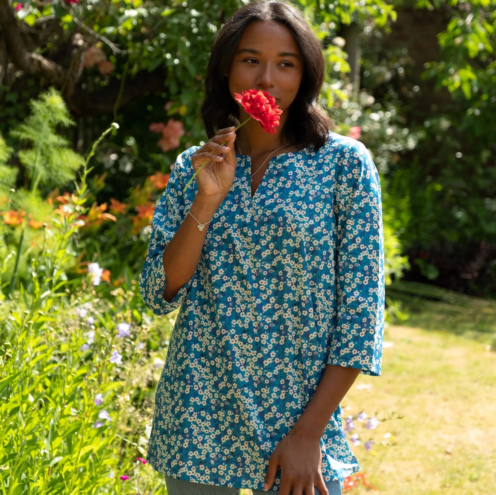 Tunic made with Liberty Fabric: Teal Mitsi