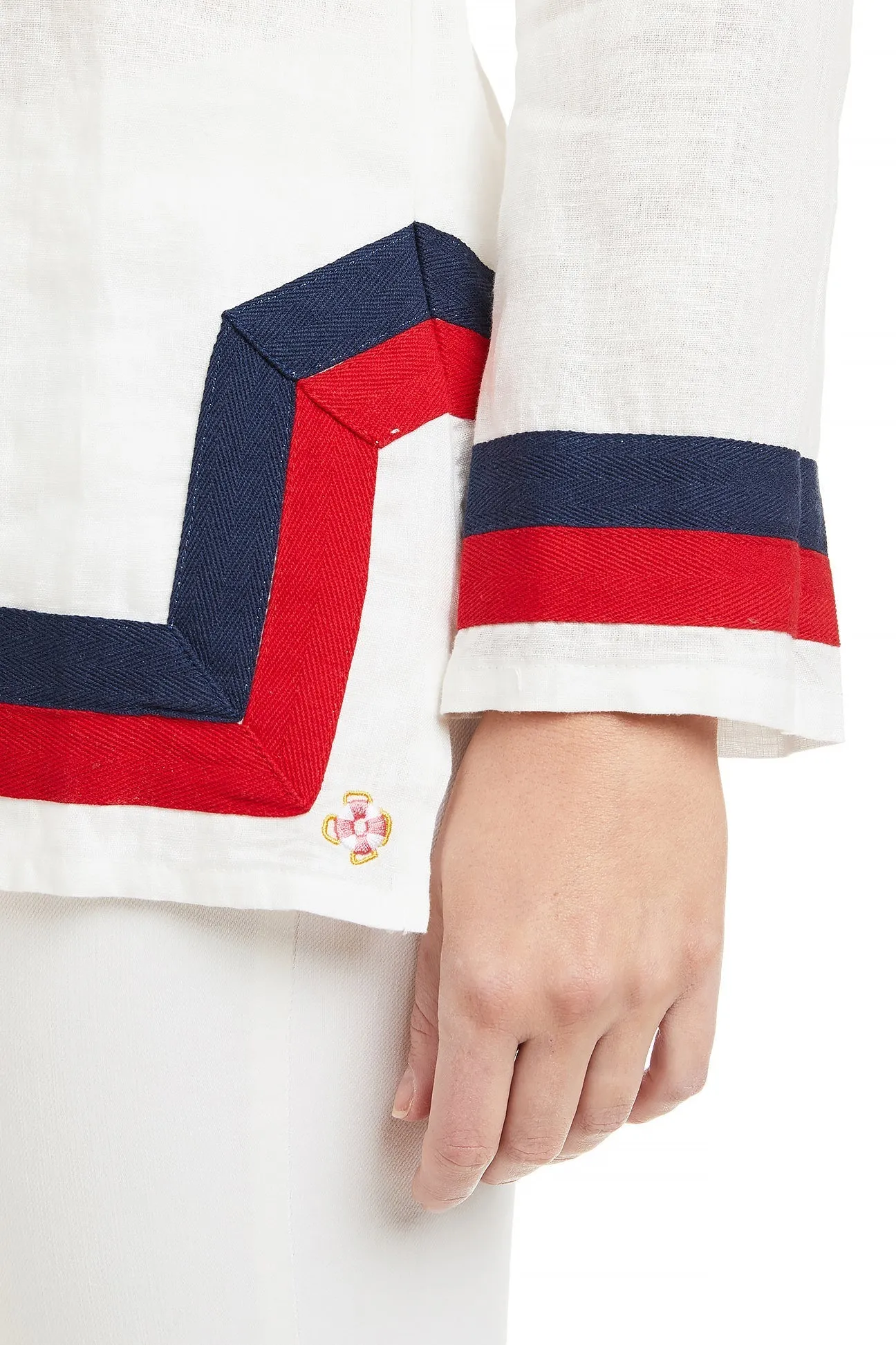 Tunic Top White Linen with Red & Navy Trim