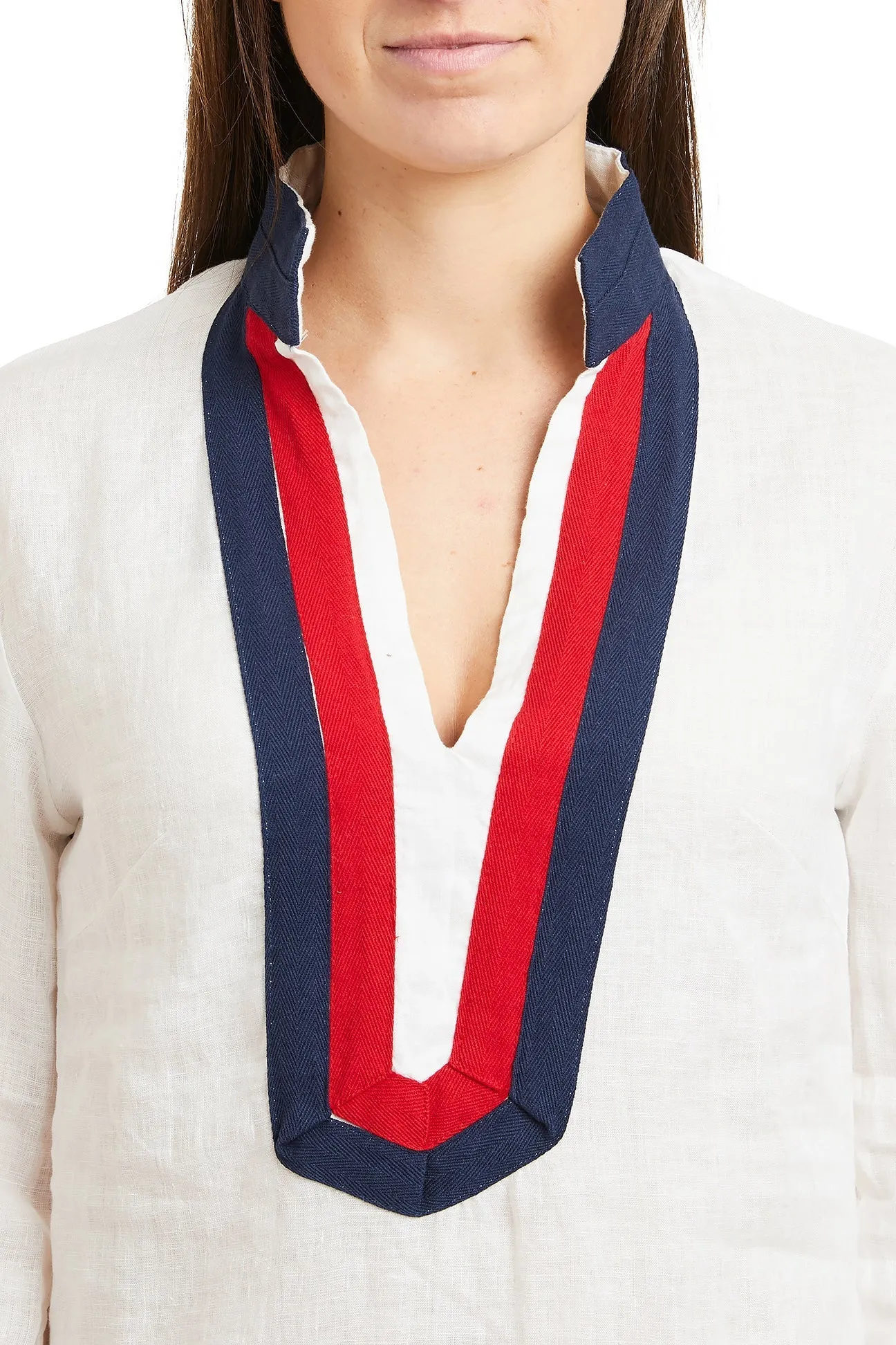 Tunic Top White Linen with Red & Navy Trim