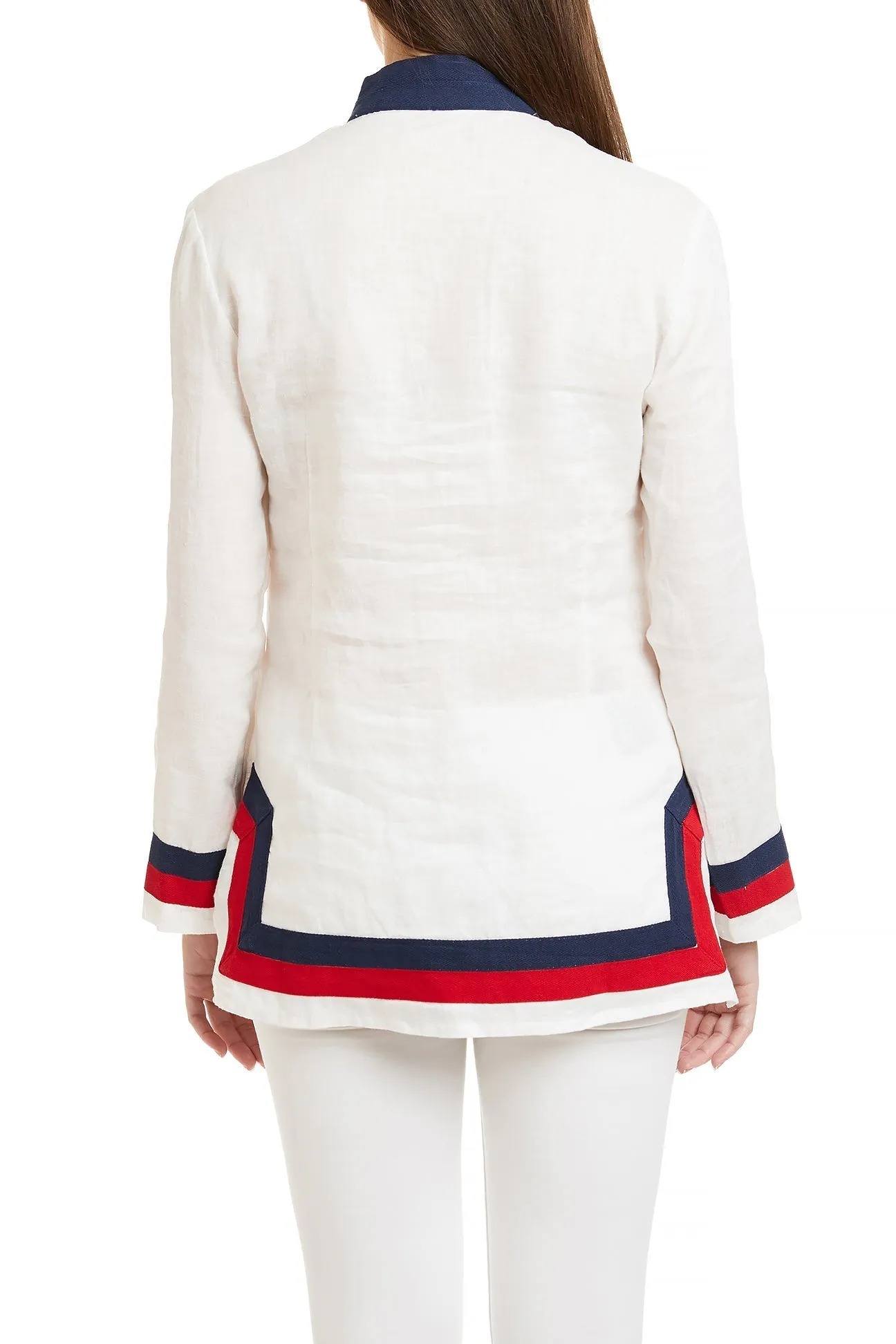 Tunic Top White Linen with Red & Navy Trim