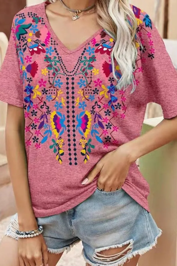 V Neck Floral Printing T-shirts