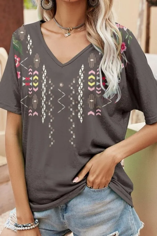 V Neck Floral Printing T-shirts