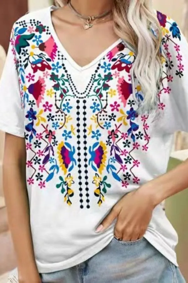 V Neck Floral Printing T-shirts