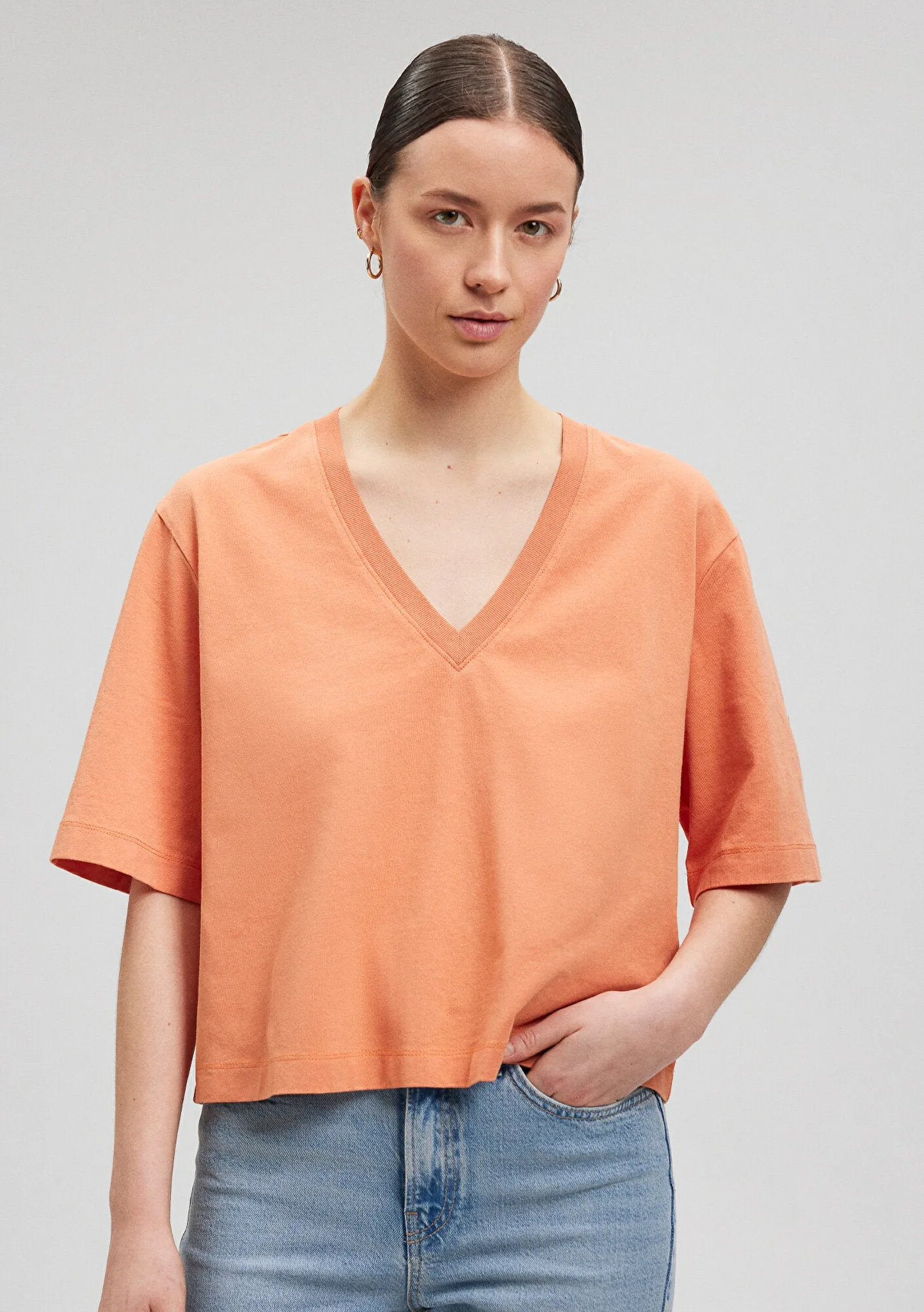 V Neck Orange Blouse