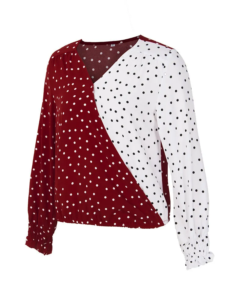 V Neck Polka Dot Splicing Bell Sleeve Shirt