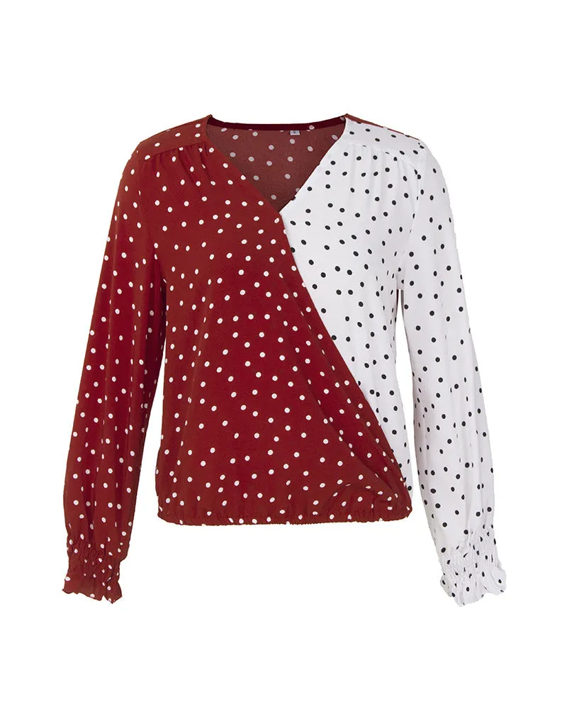V Neck Polka Dot Splicing Bell Sleeve Shirt