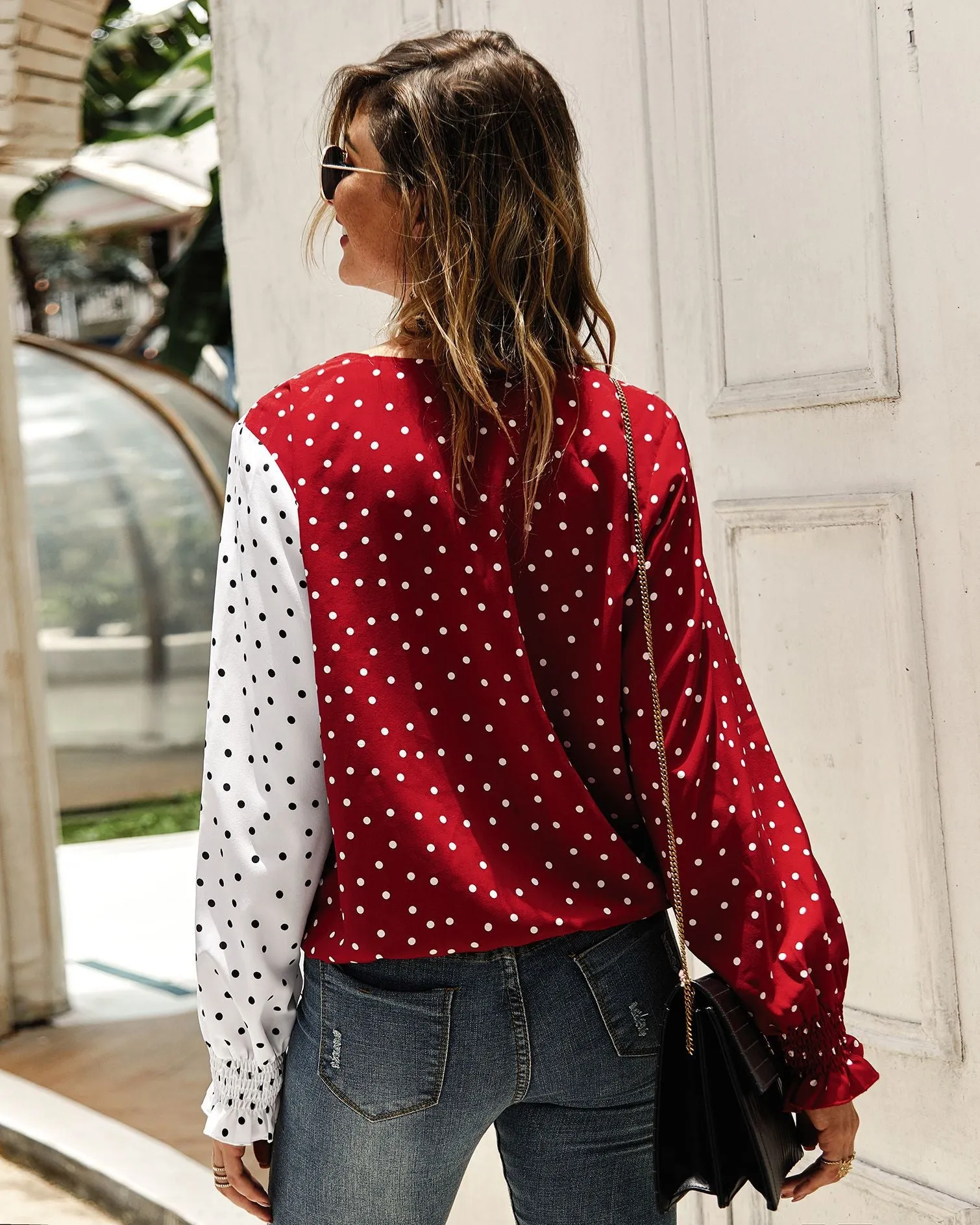 V Neck Polka Dot Splicing Bell Sleeve Shirt