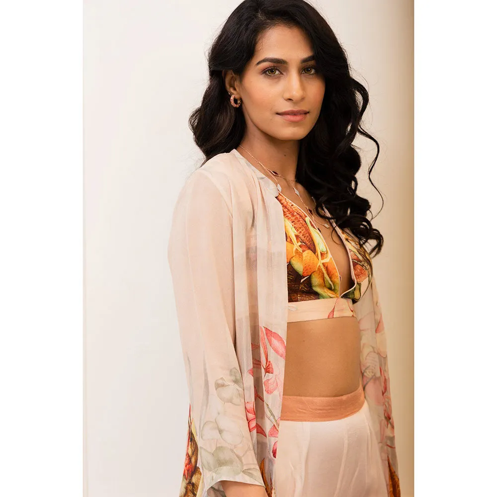 VARUN BAHL Botanical Printed Zipper Tunic with Blouse & Trouser (Set of 3)