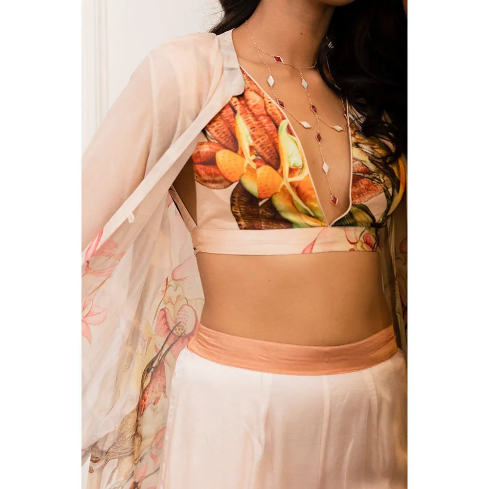VARUN BAHL Botanical Printed Zipper Tunic with Blouse & Trouser (Set of 3)
