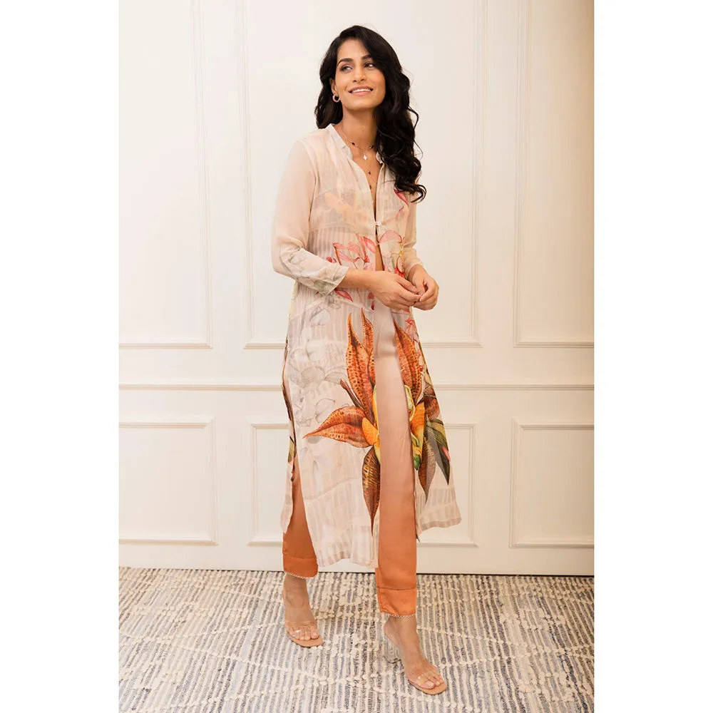 VARUN BAHL Botanical Printed Zipper Tunic with Blouse & Trouser (Set of 3)