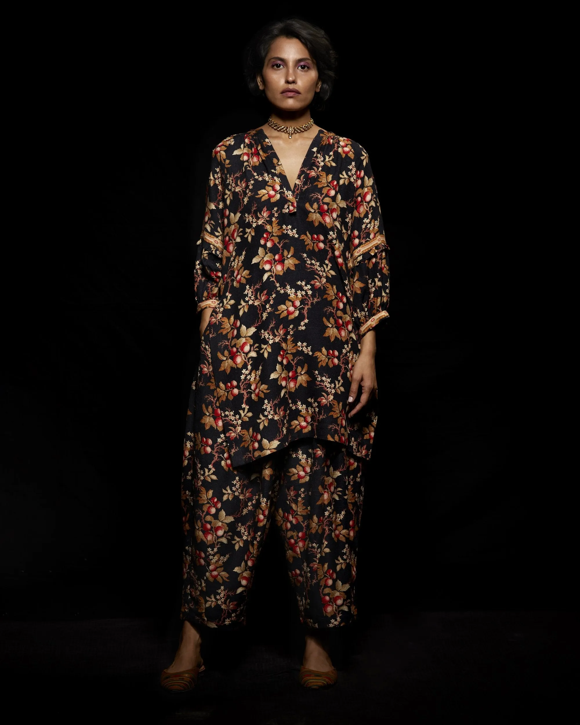 Viam   I   Black Floral Hand Printed Tunic