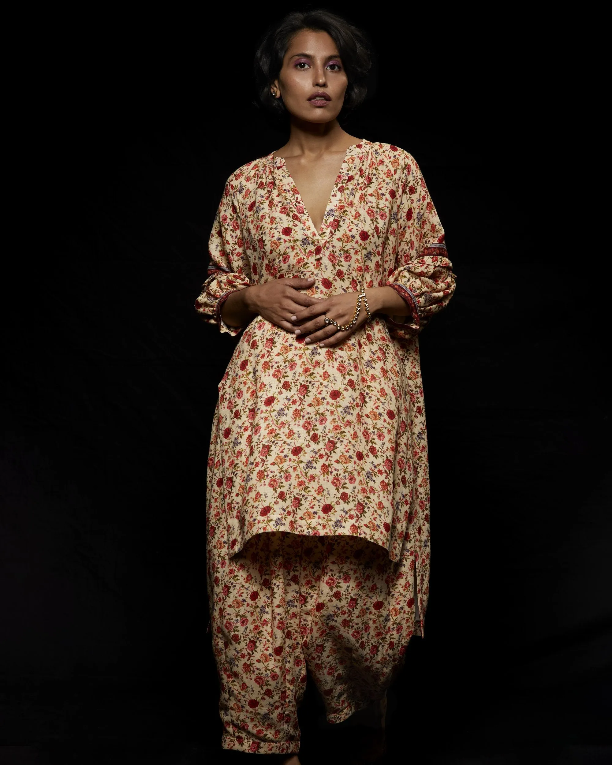 Viam   I   Ivory Floral Hand Printed Tunic