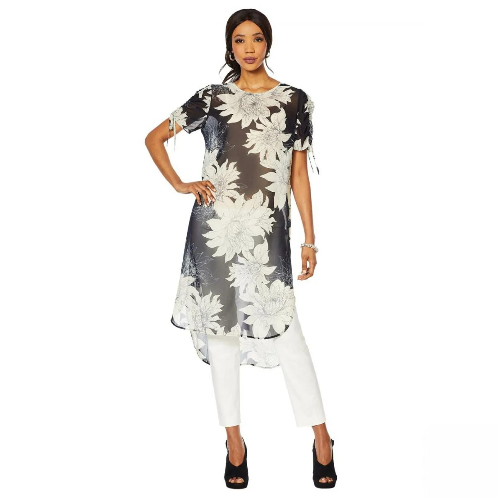 Vince Camuto Women's Pagoda Blossoms Shirttail Tunic High-Low Printed Top