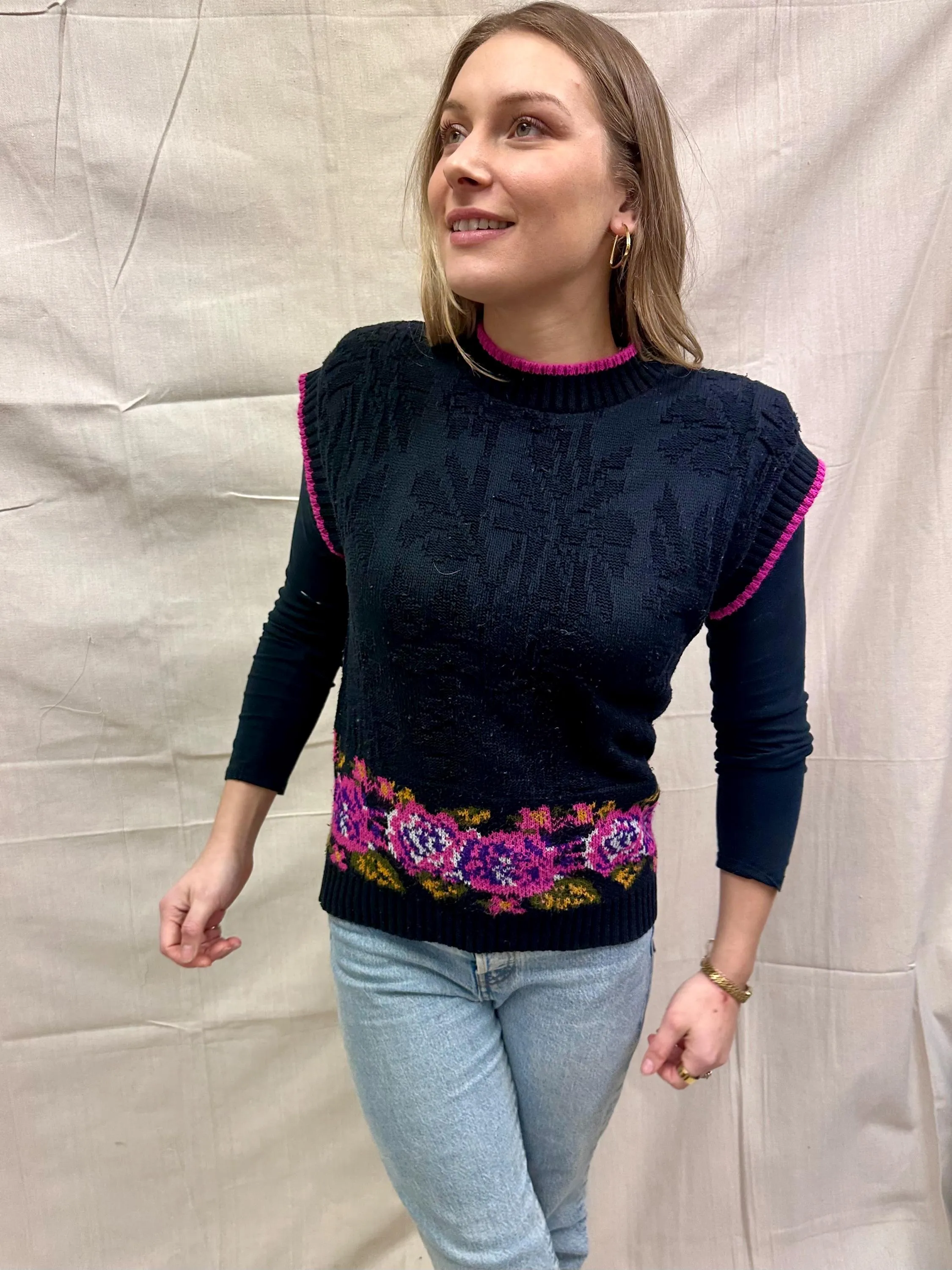 Vintage Black and Pink Pullover Vest with Flower Detail | Size Medium