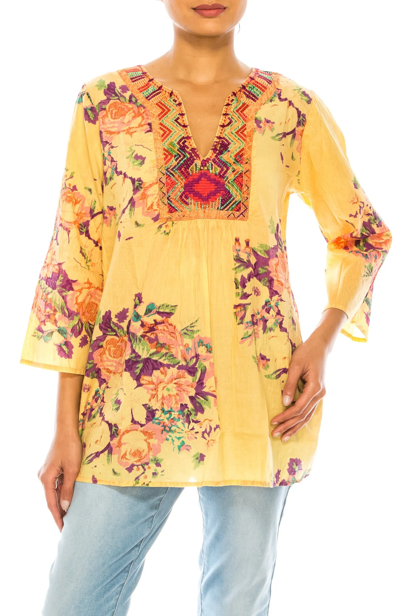 Vintage Boho Floral Tunic with Embroidery
