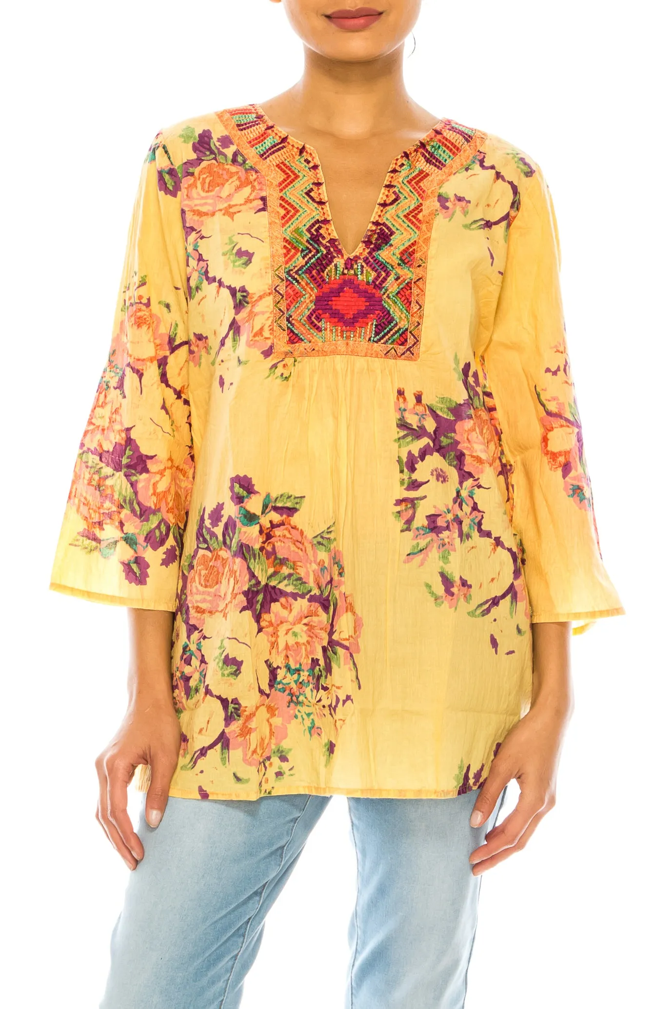 Vintage Boho Floral Tunic with Embroidery