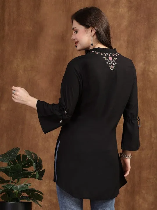 Viscose Rayon Mandarin Collar Embroidered Tunic