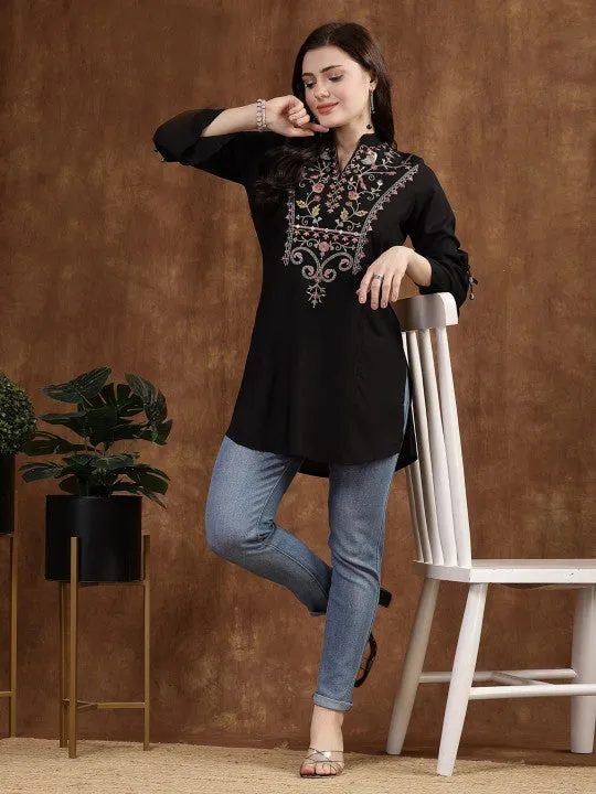 Viscose Rayon Mandarin Collar Embroidered Tunic