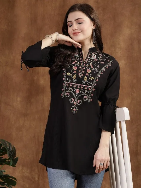 Viscose Rayon Mandarin Collar Embroidered Tunic