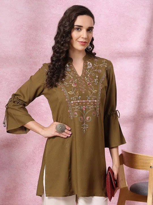 Viscose Rayon Mandarin Collar Embroidered Tunic