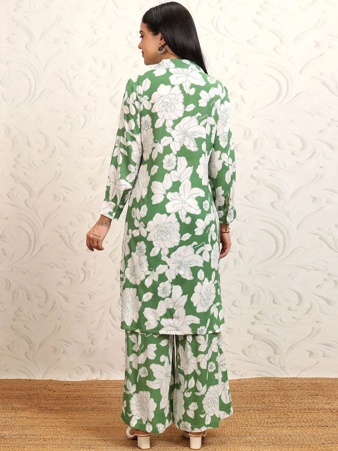 Vishudh Floral Printed Shirt Collar Tunic With Palazzos