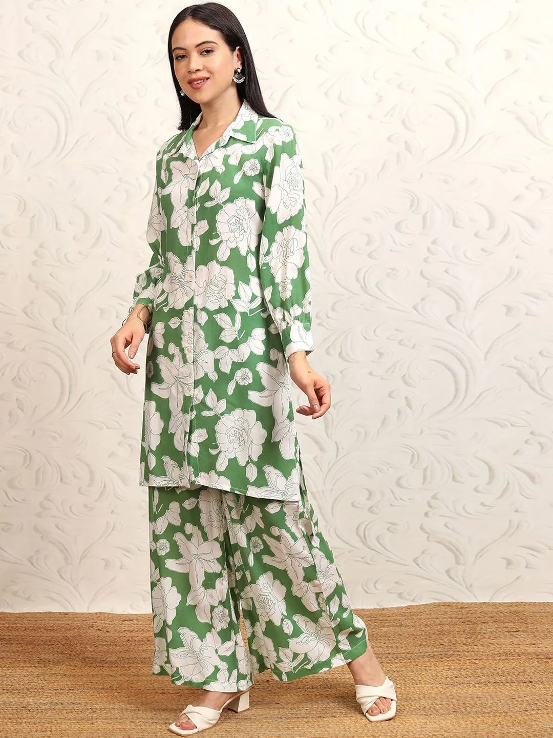 Vishudh Floral Printed Shirt Collar Tunic With Palazzos