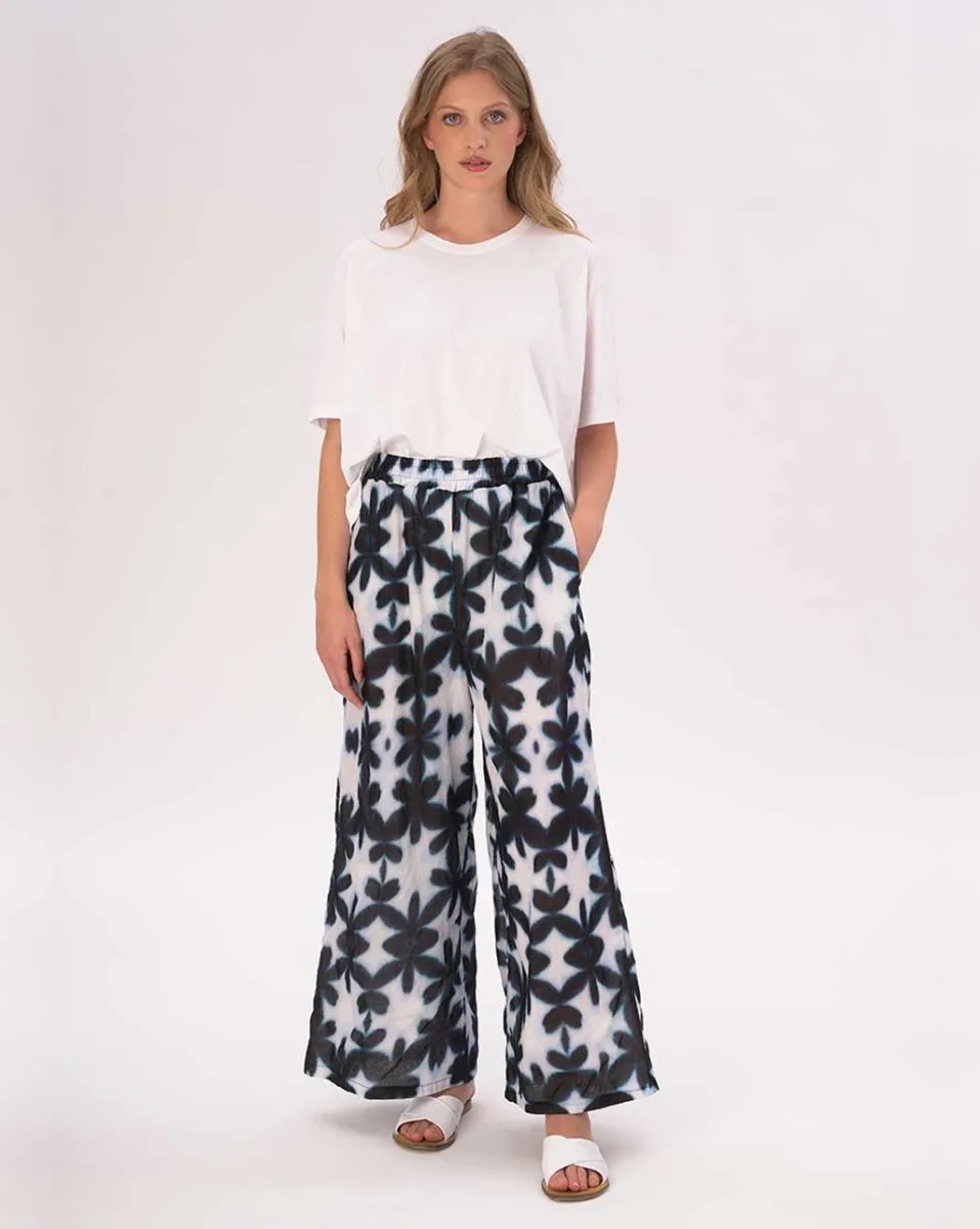 Watercolor Big Floral Elastic Waist Cotton Palazzo Pants