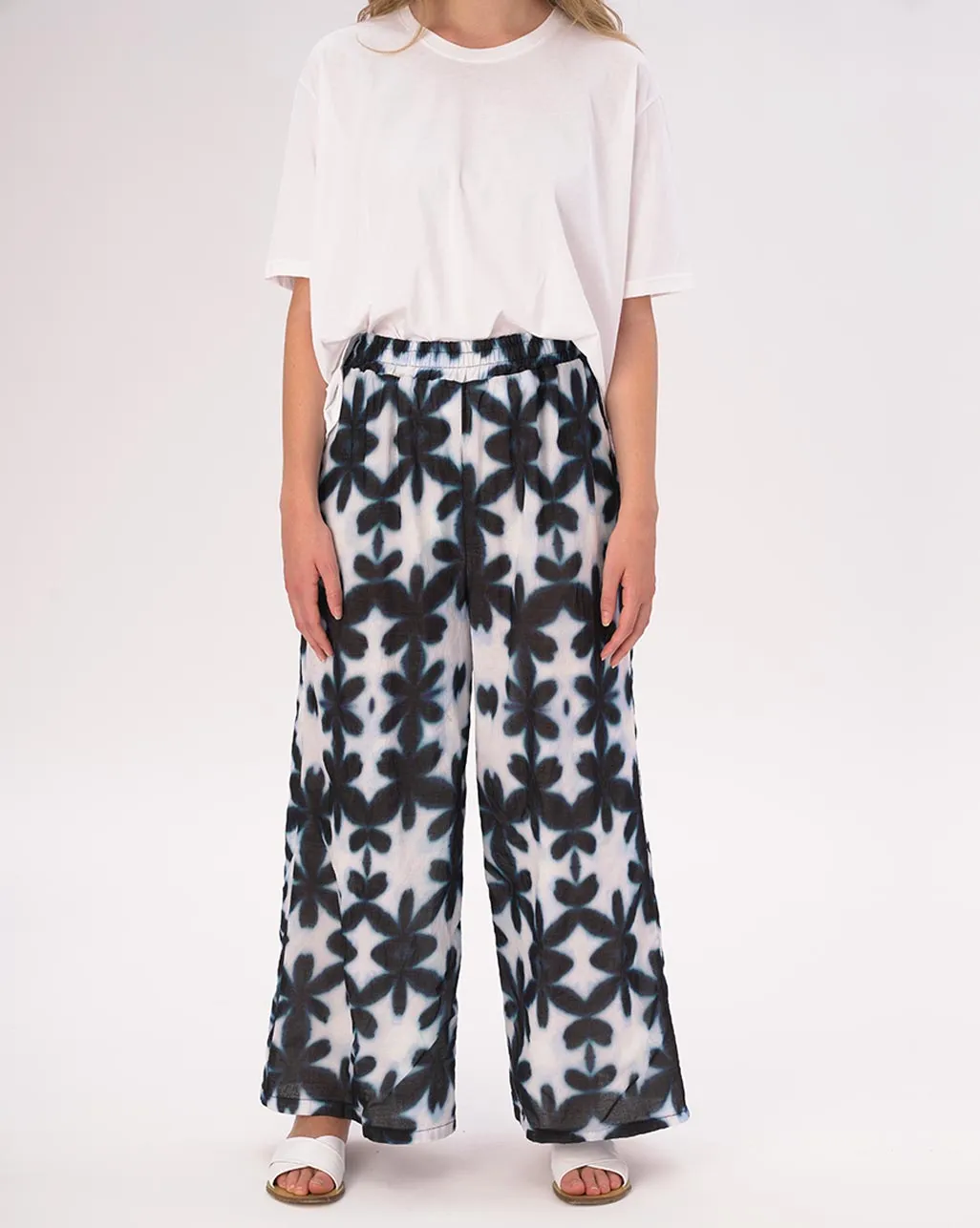 Watercolor Big Floral Elastic Waist Cotton Palazzo Pants