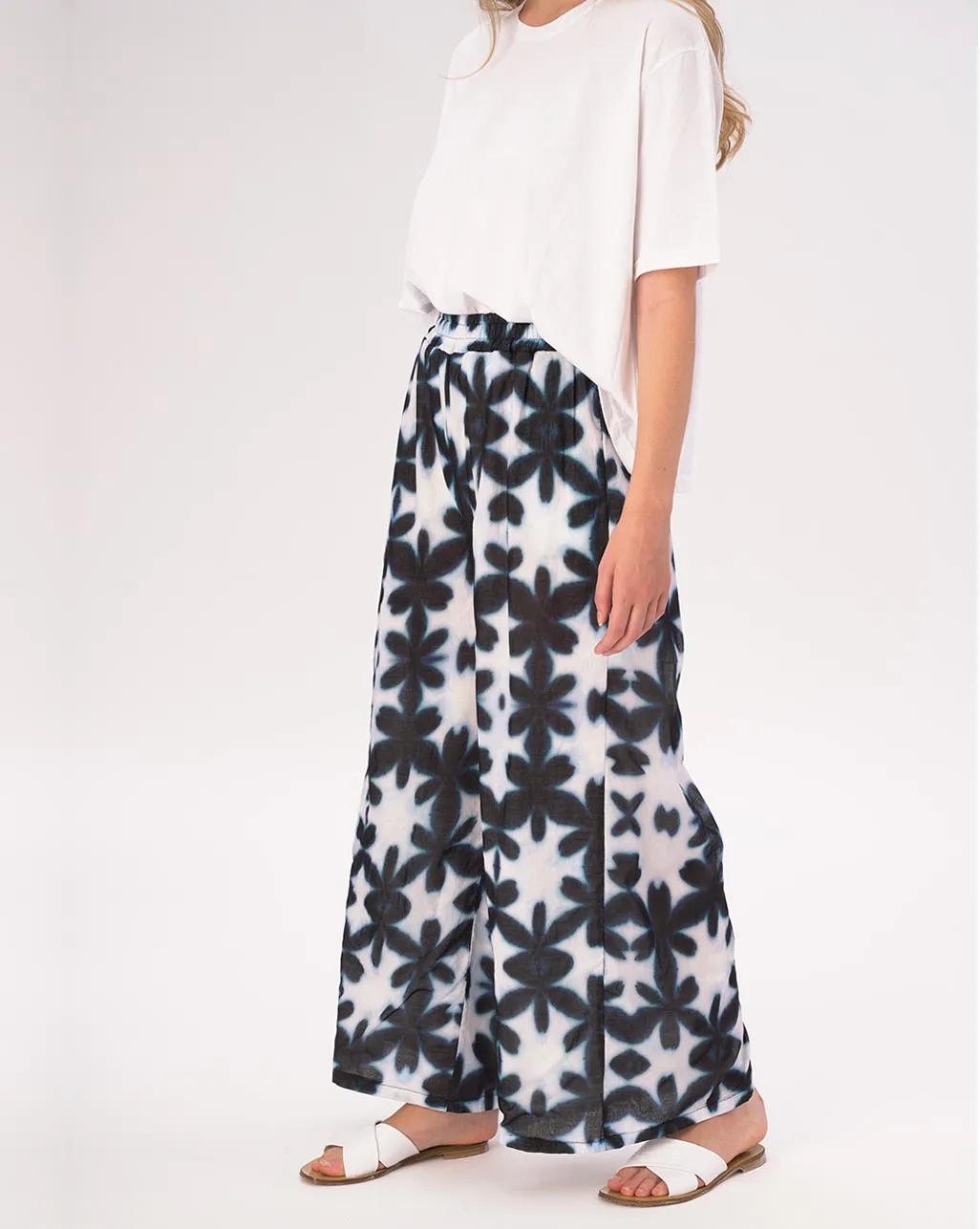 Watercolor Big Floral Elastic Waist Cotton Palazzo Pants
