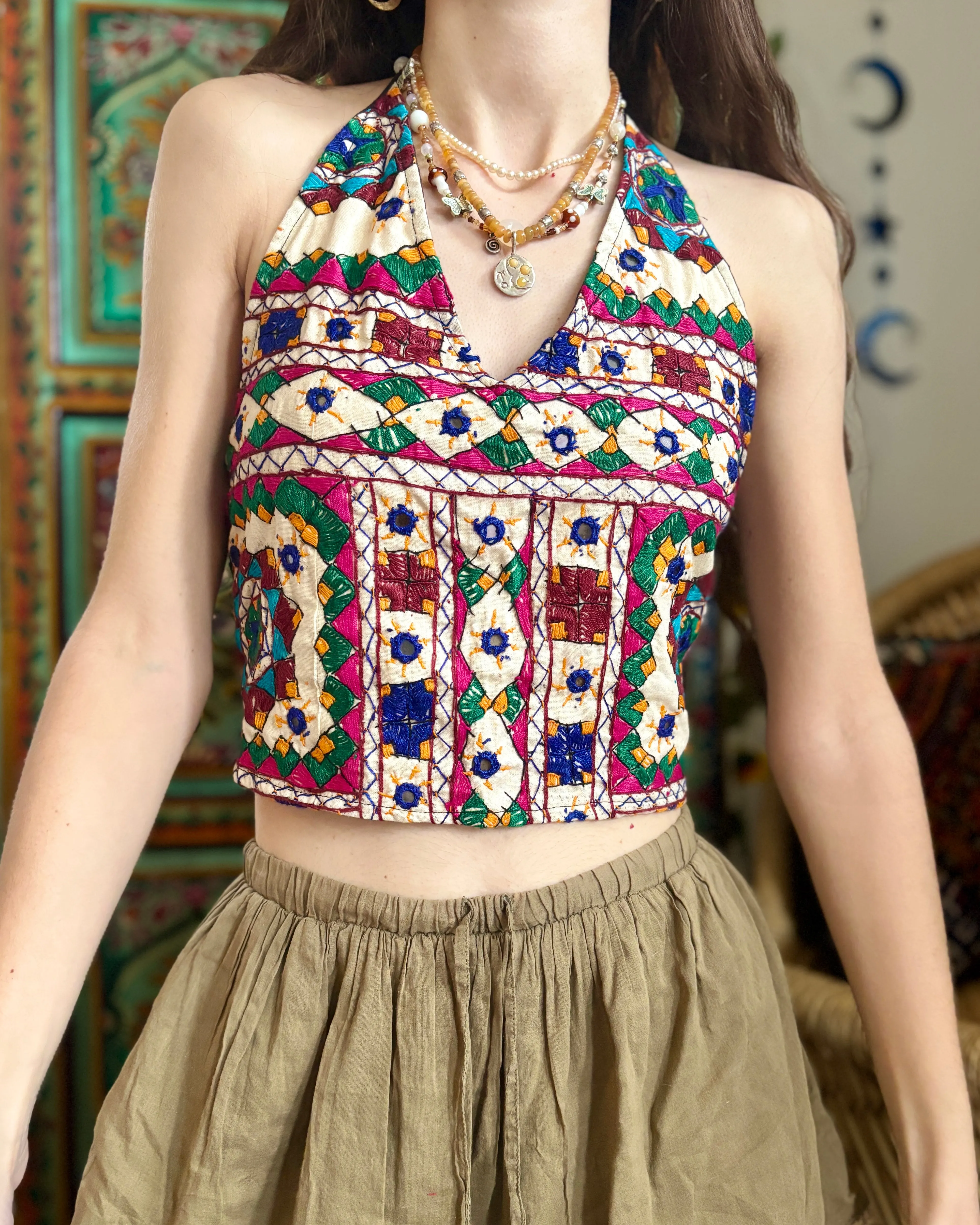 White Embroidered Halter Crop Top