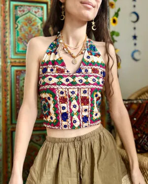 White Embroidered Halter Crop Top