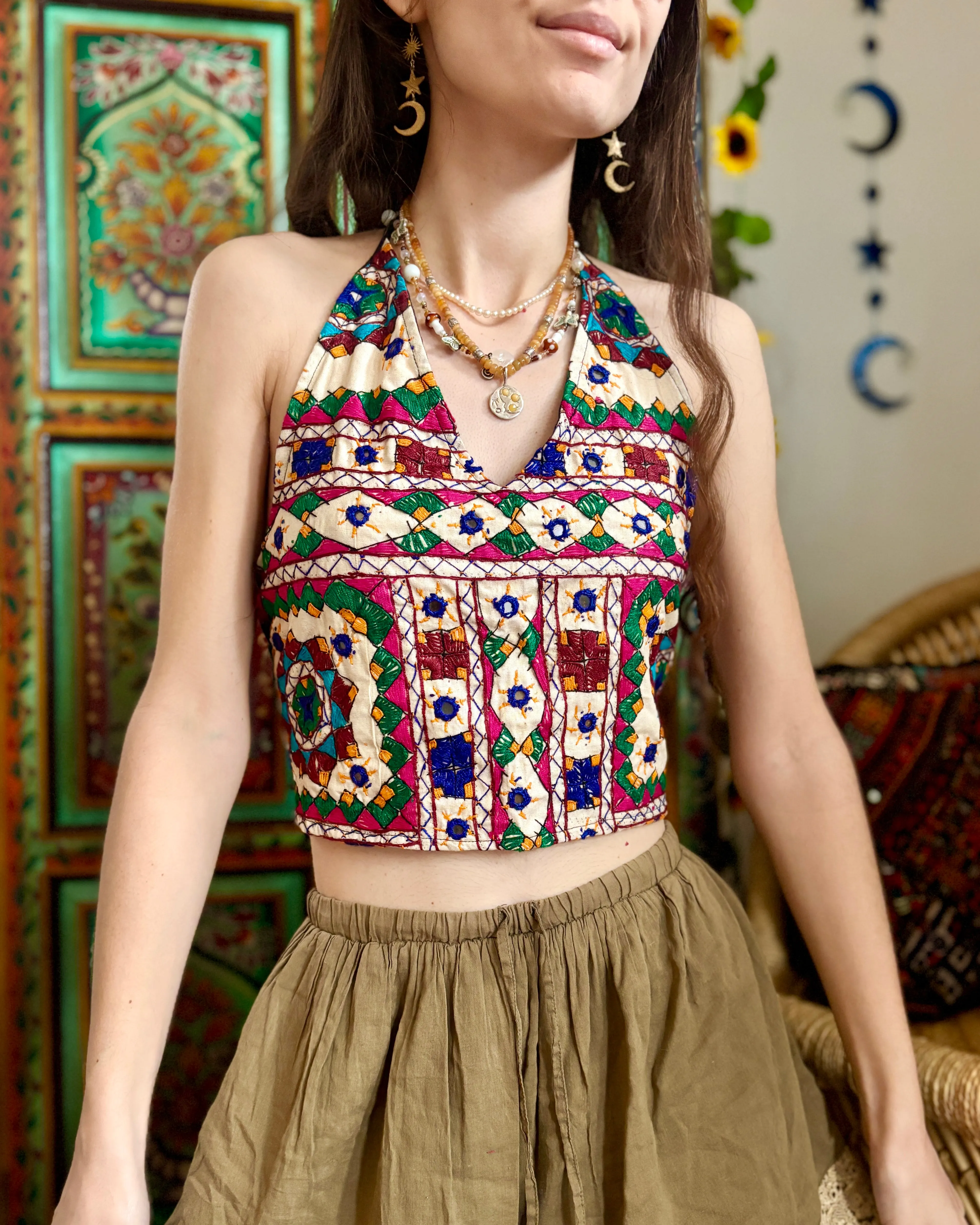 White Embroidered Halter Crop Top