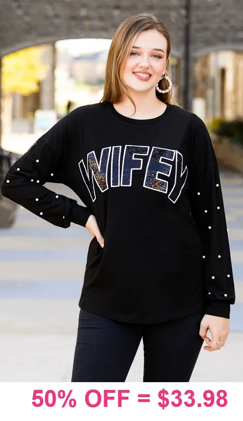 Wifey black long sleeve with pearl details