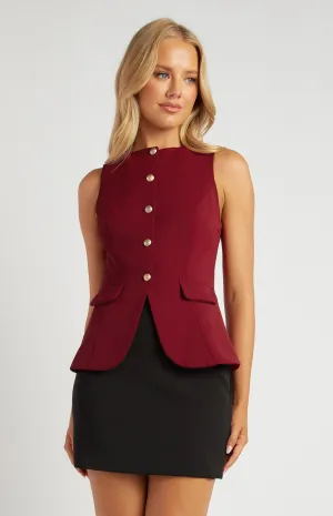 Wine High Neck Vest with Gold Buttons