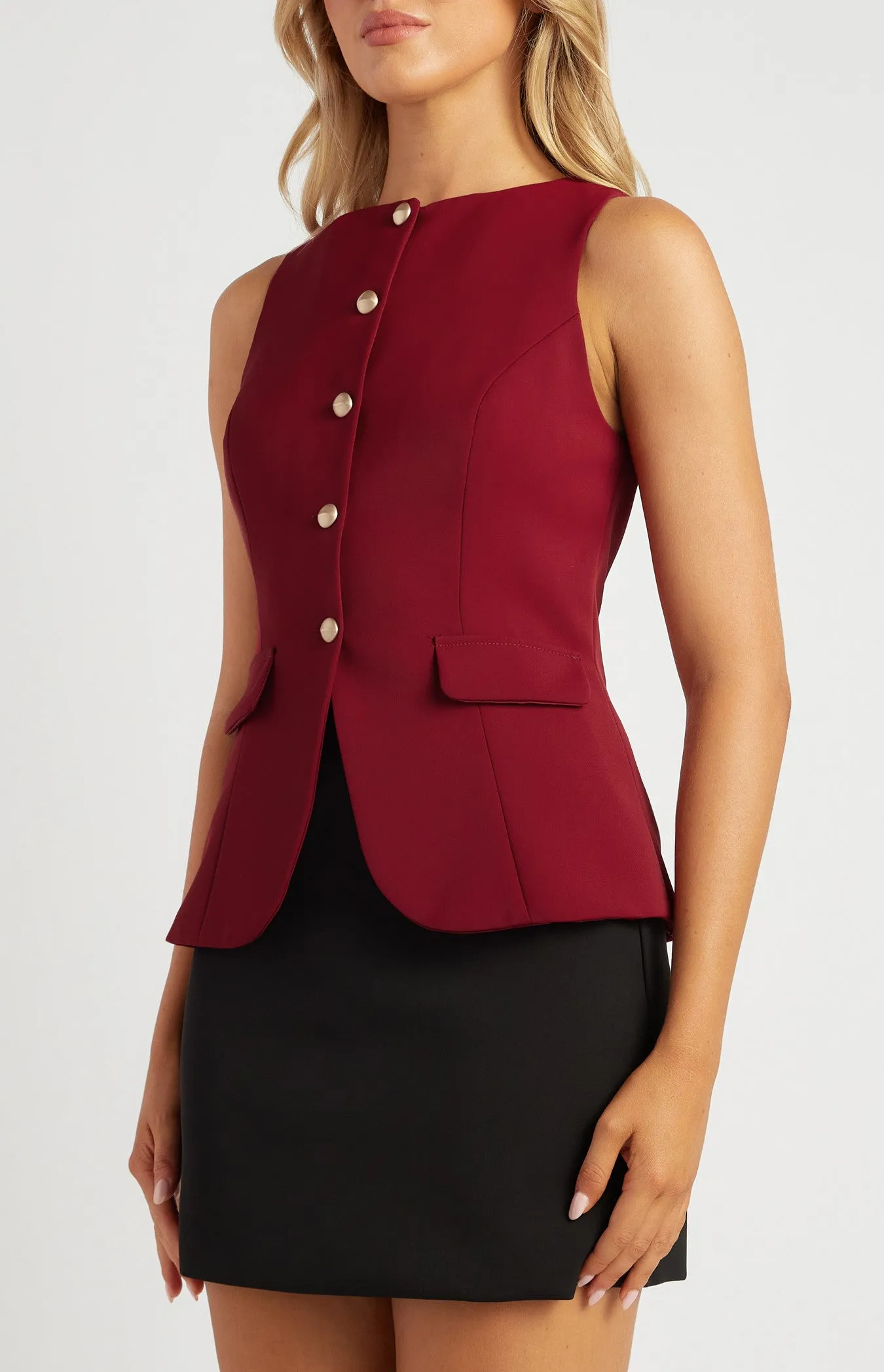 Wine High Neck Vest with Gold Buttons