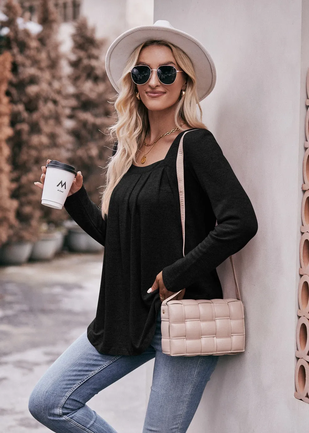 Women Long Sleeve Shirts Lightweight Crew Neck Casual Tunic Tops 8 Colors